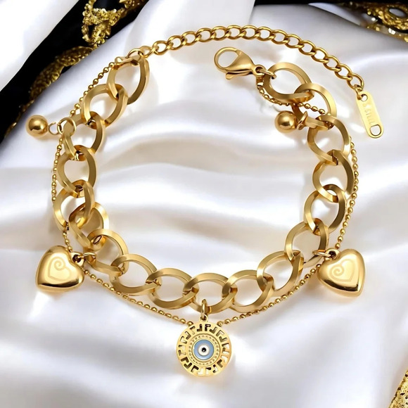 🆕️18K Gold Plated Stainless Steel Double Chain Bracelet Heart Evil Eye Charm 🌟 - Picture 1 of 9
